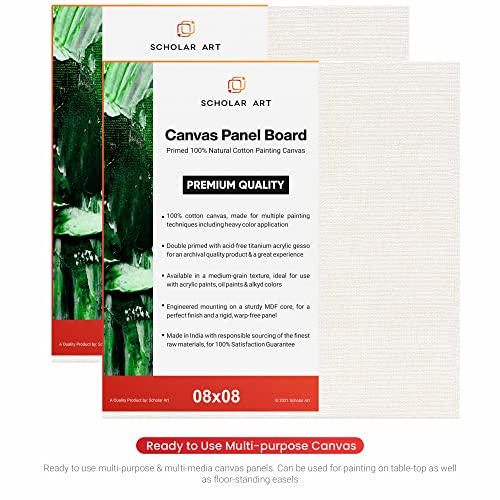 Image of Scholar Art Hobby Series 04 Oz (230 GSM) 100% Cotton Canvas Panel Board for Painting (White Blank Canvas Boards for Acrylic Paint, Oil Paint, Wet & Dry Media) | 08 inchx08 inch (20x20 cm), Pack of 6