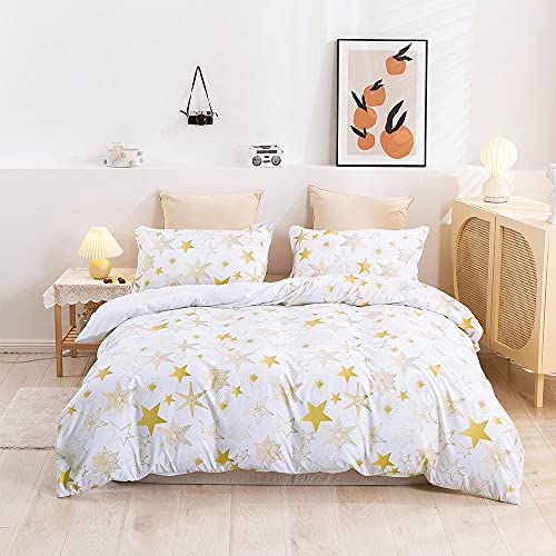 WSNALGQ Ropa de Cama Funda de edredón y Funda de Estrella de Cinco Puntas Blanca Dorada Juego de Cama 100% poliéster con Cremallera Oculta para niños y niñas Adolescentes 240x260cm