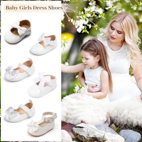 Oamico Infant Baby Girls Mary Jane Flats Non Slip Rubber Sole with Bownot Toddler First Walkers Princess Wedding Dress Shoes2