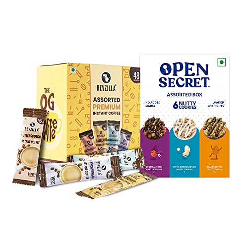 Image of Open Secret Coffee Lovers Pack| Bevzilla Instant Coffee Powder Box - 48 Sachets, Assorted Cookies Biscuits-Pack of 6| Healthey Morning /Evening Snack Combo
