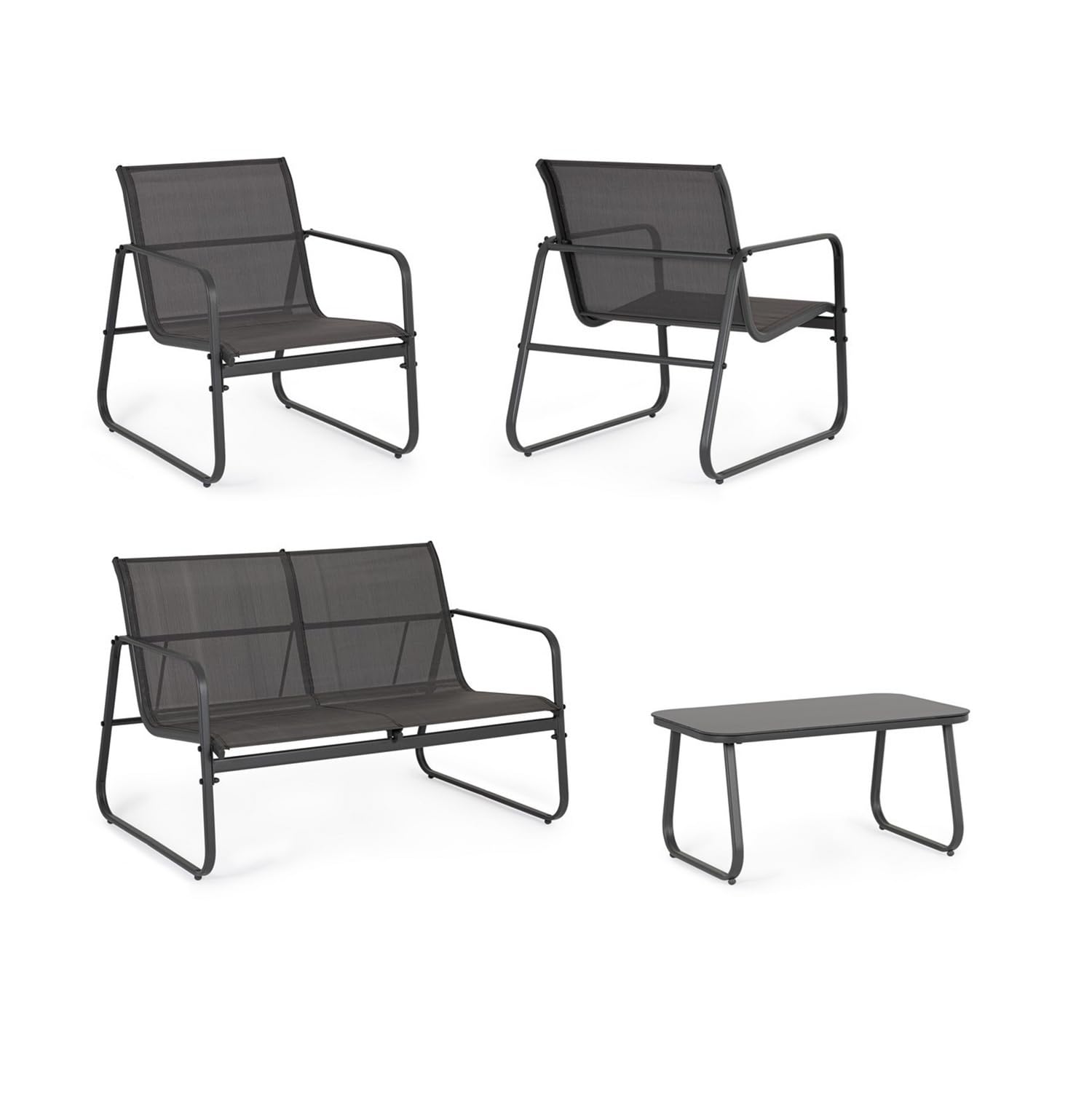 Bizzotto Set Salotto da Giardino Gonzalo, 4 Pezzi, Divano, 2 Poltrone e Tavolino, Struttura in Metallo, Tessuto Mesh, Antracite