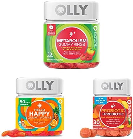 OLLY Metabolism Gummy Rings, 30 Count & Hello Happy Gummy Worms, 60 Count & Probiotic + Prebiotic Gummy, 30 Count
