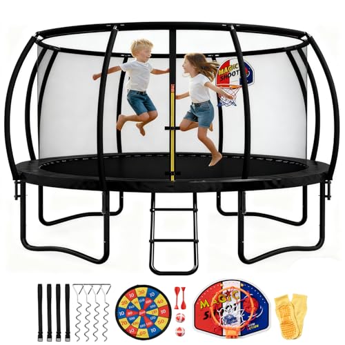 55/60' Trampoline for Kids, 4.5/5 FT Toddler Trampoline with Enclosur Net, Basketball Hoop & Sandbag, 440 LBS Capacity, Adjustable Height，Gifts for Ages 3-12 Boys & Girls (Black, 72 x 72)