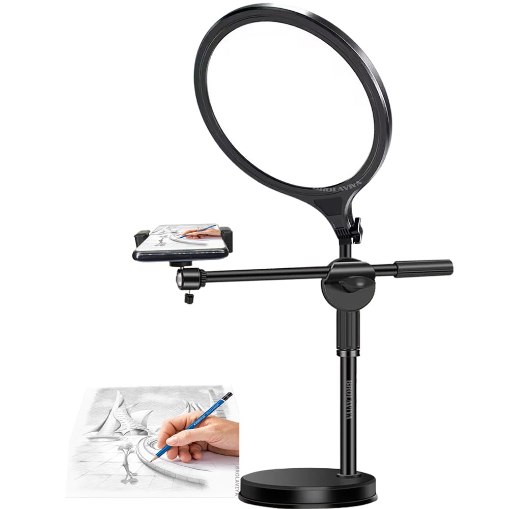 BROLAVIYA Overhead Video Floor Stand with Slab key Full-screen fill 10-inch LED light, Metal arm,1/4" head for Camera, Webcam, Gopro, With Mobile bracket for YouTube, TikTok, Desktop, Bedroom, Office.-image-23