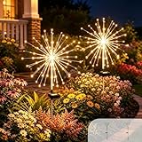 Galavasen Solar Fireworks Lights for Outside, 150 LED Firework Solar Lights Outdoor Waterproof,Garden Fairy Twinkling Tree Stake for Yard Patio Pathway Wedding Christmas Diwali Decor 2 Pack Warm White