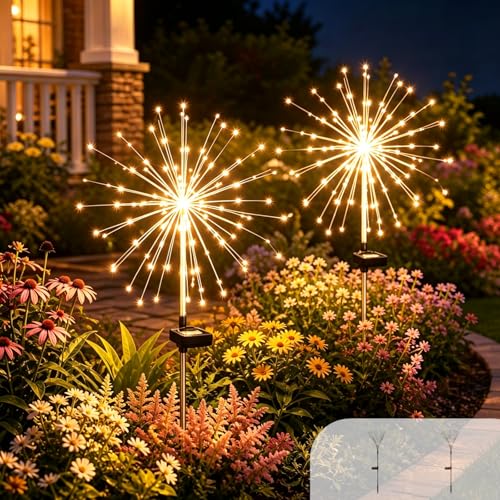 Galavasen Solar Fireworks Lights for Outside, 150 LED Firework Solar Lights Outdoor Waterproof,Garden Fairy Twinkling Tree Stake for Yard Patio Pathway Wedding Christmas Diwali Decor 2 Pack Warm White