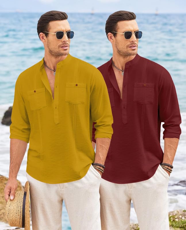 Image of Macsivo Combo of Men's Regular Fit Cotton Blend Solid Casual Short Kurta with Mandarin Collar and Pockets Kurta Pack of 2
