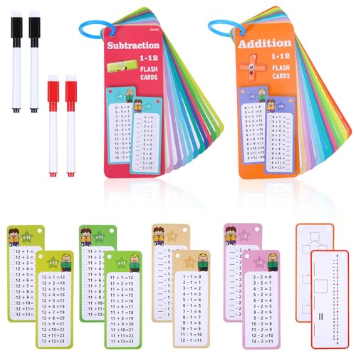 30 Pcs Addition and Subtraction Flash Cards, Math Flash Cards for 1st to 3rd Grades, Math Games Times Table Flashcards with 4 Dry Erase Pens 2 Rings for Learning