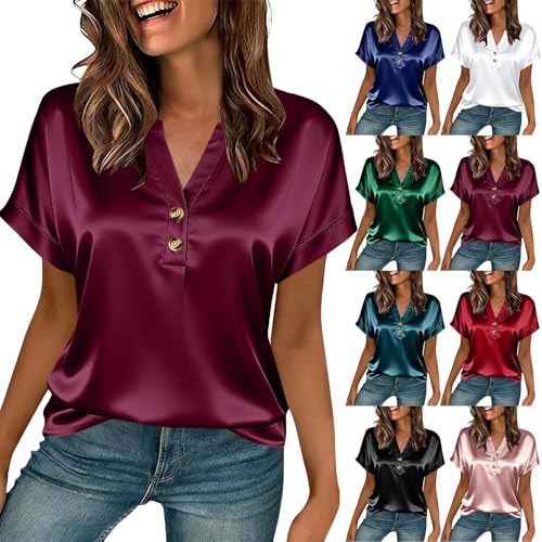 Womens Spring Satin Tops 2026 Short Sleeve Henley Dressy Casual Blouses V Neck Fashion Tunics Trendy Flowy Clothing A01 Wine Large