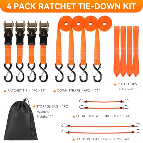 Tie Down Straps Ratchet Set, Ratchet Straps Heavy Duty 1500 LBS Break Strength Tie Downs, Ratchet Straps with S Hooks & Safety Clips, Soft Loops & Storage Bag for Motorcycle Trailer UTV Cargo - image 6