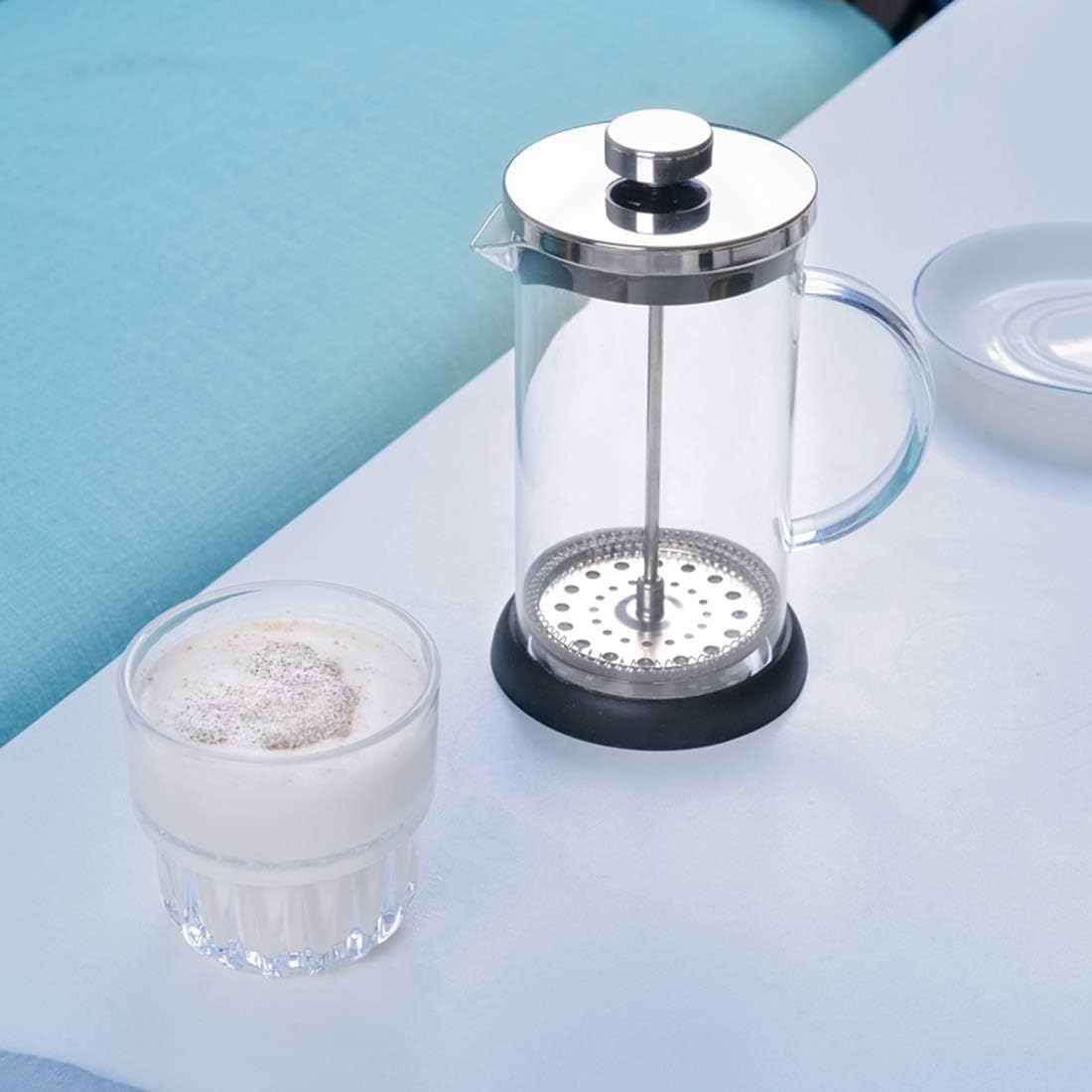 Espumador De Leche para Espresso Espumador De Leche De 600ML Espumador De Leche De Mano Transparente Espumador De Leche De Vidrio con Tamiz De Malla Fina Espumador Batidora