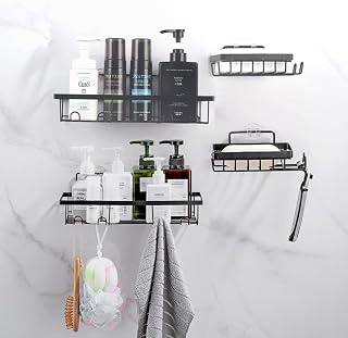4 Pcs Shower Caddy Shelf Organizer, Black Shower Shelf Wall Mounted for Organiser Storage, No Drilling Bathroom Shelves With Self-Adhesive Hooks, Stainless Steel Shower Basket for Bathroom and Kitchen