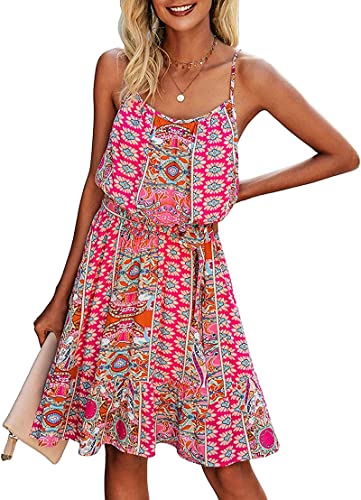 Image of PRETTYGARDEN Women's Summer Mini Sundress Casual Spaghetti Strap Dresses Floral Sleeveless Ruffle Short Dress with Belt