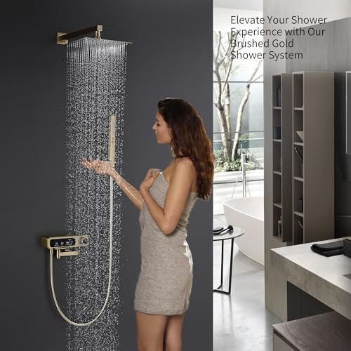 Sistema de ducha y bañera con recubrimiento cuadrado 10" con rociador manual giratorio, pico plegable y válvula de latón macizo con plataforma para shampoo - Dorado cepillado miniatura 3