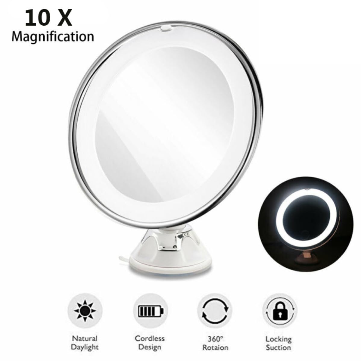 ibasenice Espejo de Maquillaje LED con Aumento 10x y Ventosa, Espejo Redondo de Vidrio Blanco para Baño y Tocador, Portátil y Práctico para Maquillaje Diario