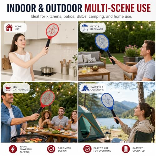 Electric Fly Swatter 2 Pack (Red & Blue), Battery Powered Bug Zapper Racket for Mosquitoes & Flies, Safe Protective Mesh, Indoor & Outdoor Use, Batteries Not Included by Drihara - Image 6