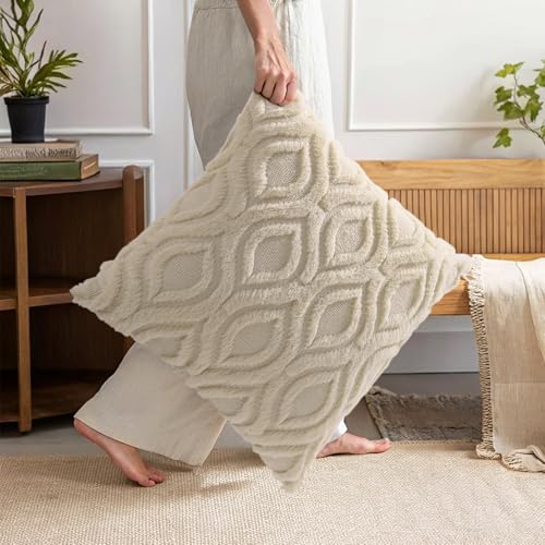 decorUhome Fall Throw Pillow Covers 22x22 Inch Set of 2, Soft Plush Decorative Faux Fur Beige Solid Couch Pillow Covers, Accent Farmhouse Neutral Square Euro Pillow Cases for Sofa Bed Living Room