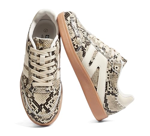Image of LUCKY STEP Women Retro Gum Sole Fashion Sneakers | Genuine Leather Classic Tennis Skate Walking Shoes Anti Slip Trainers