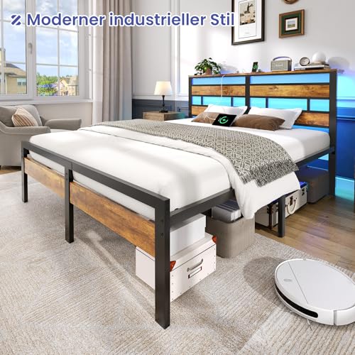 Brinlawb Bett 120x200 mit Lattenrost aus Metall, Doppelbett Bettgestell 120x200cm mit LED Beleuchtung und Ladestation (2 AC-Steckdosen, 1 USB-Anschluss und 1 Type-C-Anschluss) Metallbett mit Kopfteil