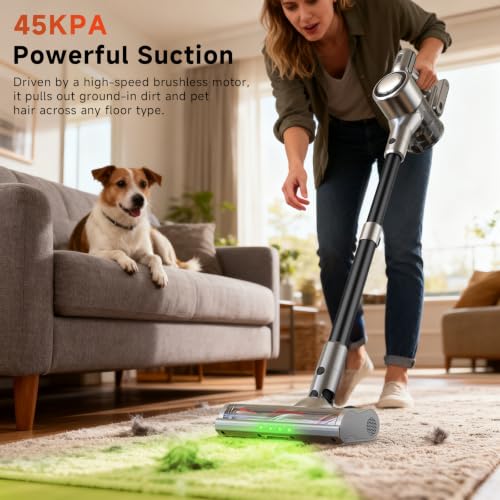 Image of Cordless Stick Vacuum Cleaner - Rechargeable,45Kpa Powerful Suction Vacuum for Home,45Mins Runtime,Detachable Battery,Anti-Tangle, 8 in 1 Lightweight Vacuum for Pet Hair Carpet Hardwood, Silver