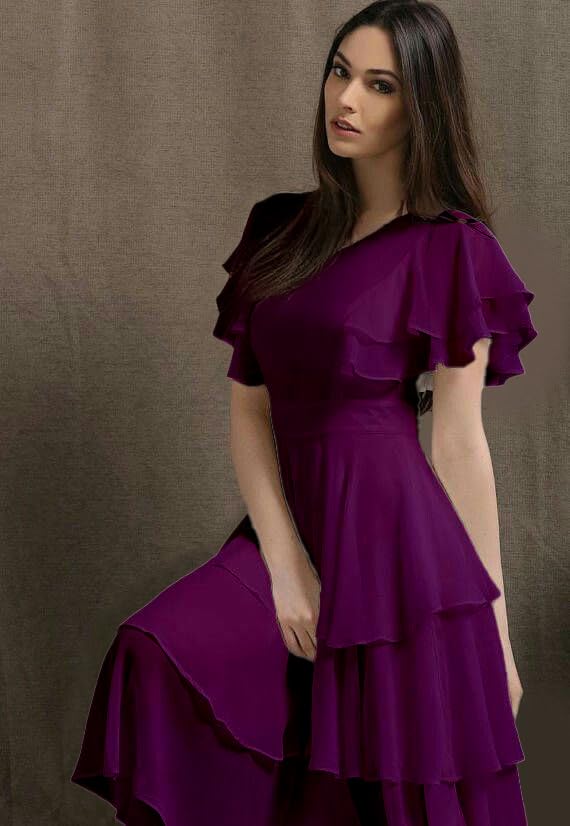 Image of Women Layered Georgette Fit & Flare Midi Dress | Round Neck Flutter Sleeve Knee Length Dress | Tiered Party Dress for Women Evening and Casual Styling