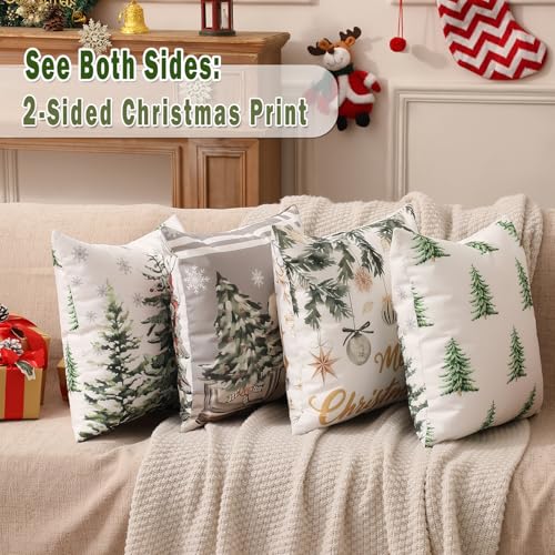 Double-Sided Print Christmas Pillow Covers 20"x20" Set of 4, 8 Cute Christmas Patterns, Tree, Merry Christmas, Truck, Merry & Bright, Let It Snow, Etc, Perfect for Home Decor