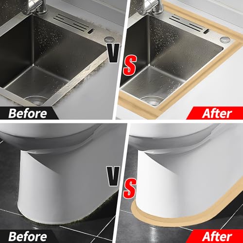 Image of 3 Rolls 1.5 Inch Caulk Tape Self Adhesive Toilet Caulking Strip Bathroom Sealing Caulk Strip Peel and Stick Bathtub Caulking Tape, 10.5 Feet Each Roll (Almond)