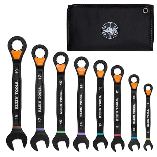 KLEIN TOOLS 69508M Metric Ratcheting Combination Wrench Set, 8-Piece, Slide-Lock 90-Tooth Ratchet, I-Beam Handle, Color-Coded Size Markings, Roll Pouch Storage
