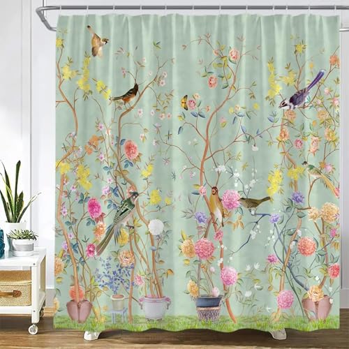 Rideau de douche style chinois fleurs et oiseaux blanc 230x175 cm