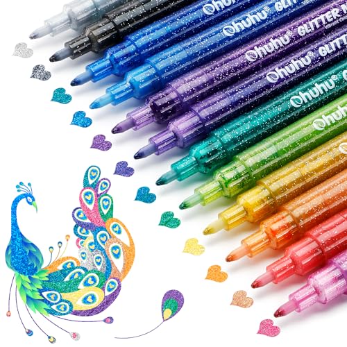 Ohuhu Glitter Markers Pen: 12 Glitter Colors Metallic Shimmer Marker Fine Tip Water-based Ink for Kids Adults DIY Crafts Greeting Birthday Cards Making Mugs Wood Extra Fine Tip 0.7mm