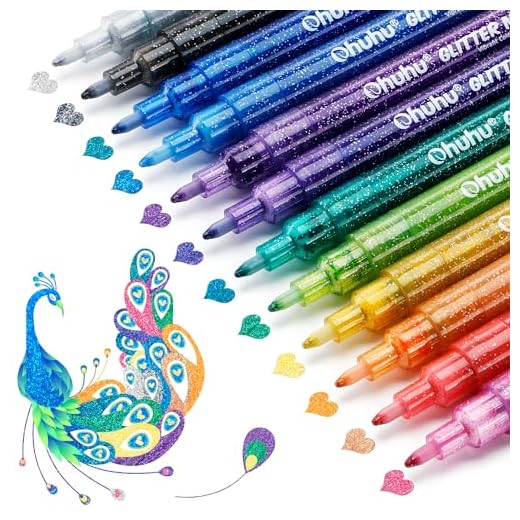 Ohuhu Glitter Markers Pen: 12 Glitter Colors Metallic Shimmer Marker Fine Tip Water-based Ink for Kids Adults DIY Crafts Greeting Birthday Cards Making Mugs Wood