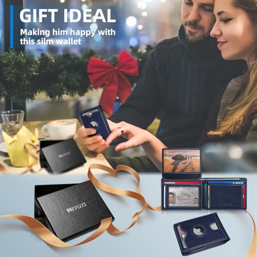 Image of miyozi AirTag Wallet for Men, Slim Leather Bifold with Holder Slot, 2 ID Windows & 13 Card Slots, RFID Blocking Front Pocket Wallet with Gift Box