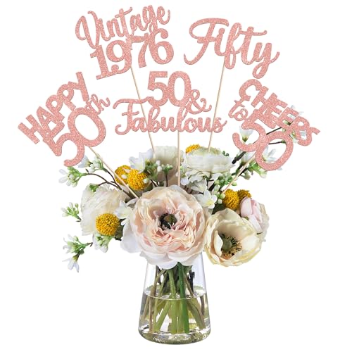 Image of 15 PCS 50th Birthday Centerpiece Sticks Fifty Happy 50 Vintage 1976 Table Flower Centerpieces Sticks Cheers to 50 Fabulous Floral Decorations 50th Birthday Party Centerpieces Supplies Rose Gold