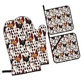 Rooster Oven Mitts and Pot Holders 4pcs Sets，Funny Kitchen High Heat Resistant Oven Mitts，with Ove