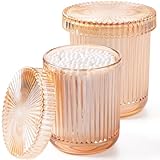 ESEHGS 2 Pack Glass Qtip Holder Dispenser Set - Bathroom Organizer for Cotton Swabs, Balls, Pads, Floss Picks - Clear Apothecary Jars for Vanity, Makeup Storage, Bathroom Accessories Decor (Amber)