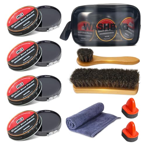 IKI 10tlg Schuhcreme Pflegeset Schuhputzset mit Schwarz Schuhcreme Pferdehaar Bürsten Für Leder Schuhe Sofa Autositz