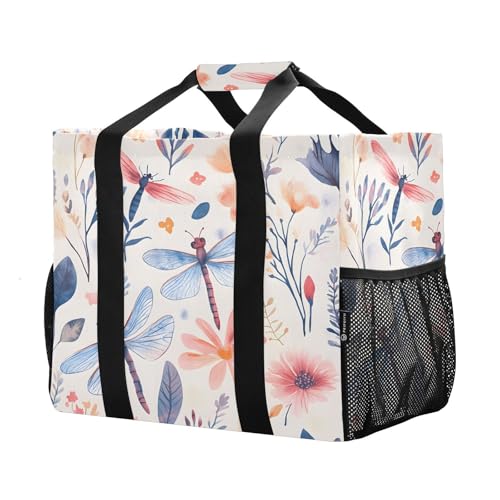 Large Waterproof Travel Tote Bag for Women Men, Wildflowers Dragonfly Leaves Canvas Beach Bag with Lining & Pockets - Reusable Grocery/Laundry/Kitchen/Pool/Picnic Tote (15.4x9.8x12.8in)2