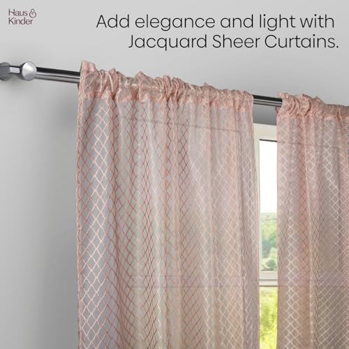 Image of haus & kinder Jacquard Sheer Window Curtains 5 Feet Long Pack of 2 Window Curtains, 5 Feet Curtains for Window, (Abstract Geometric Design, Warm Weave, 114x152cm)
