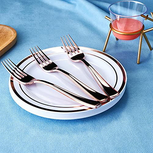 JYHOWIRE 50 Pieces Gold Plastic Plates, White Party Plates, Premium Heavyweight Disposable Wedding Plates Includes:25 Forks and 25 Dessert Plates 7.5 Inch