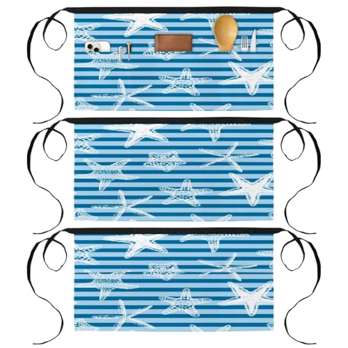 Demi-tablier de cuisine à rayures bleues avec poches pour préparation de pâtisserie