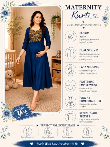 Image of RITIJYA Feeding Kurtis for Women with Zip | Maternity Gown Pregnancy Dress for Nursing Mothers | Viscose Rayon | Stylish & Comfortable | S to 4XL | Maternity Wear Feeding Dress Tops