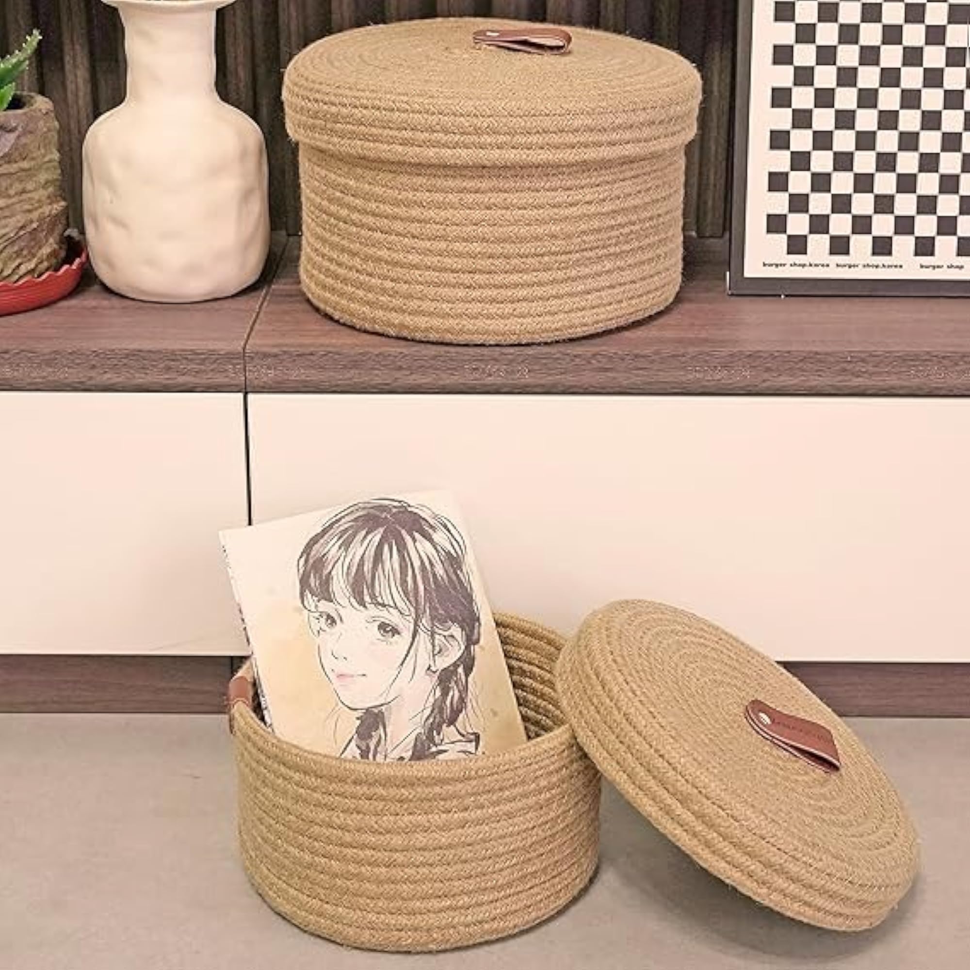 Set of 2 Handwoven Soft Jute Cotton Baskets
