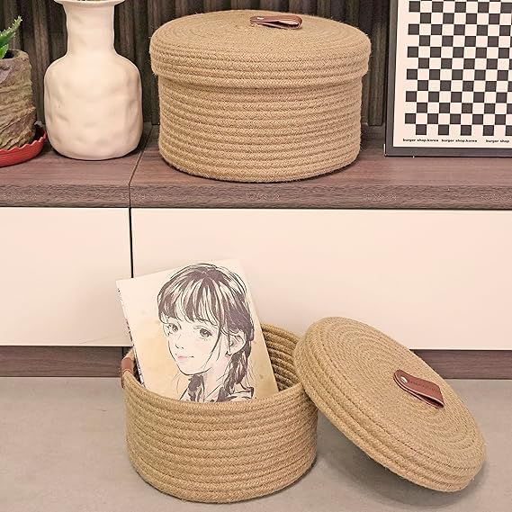 Image of [Set of 2-9.5x5 inch & 11x6.5 inch, Round, Beige] Handwoven Soft Jute Cotton Basket with Lid | Eco-Friendly, Naturally Reshapes After Filling | Ideal for Organization & Gift Hampers