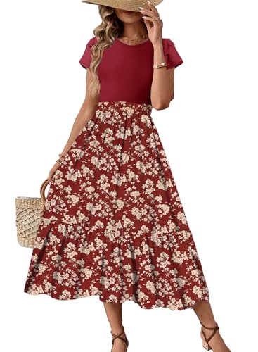 Image of Dokotoo Women's 2026 Summer Dress Short Sleeve Crew Neck Casual Floral Print Long Flowy Dresses Maxi Dresses
