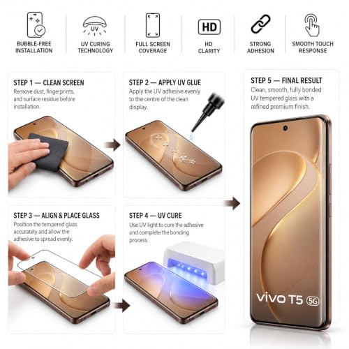 Image of ArmourPro UV Glue Tempered Glass for Vivo T5 5G - Curved Screen Protector, 9H Anti Scratch, Edge-to-Edge Coverage, HD Clarity, Smooth Touch