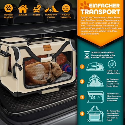 TRESKO® Hundebox faltbar inkl. Leckmatte, Spatel & Reflektoren M 61x42x42cm | Transportbox für Hunde und Katzen | Hundetransportbox Auto für kleine & große Hunde | Hundetasche robust Beige