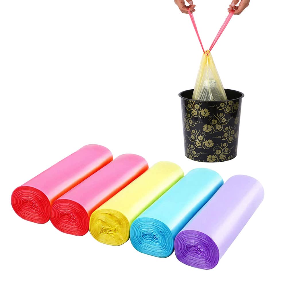Drawstring Plastic Small Trash Bags Garbage Bags 5 Rolls, 4 Gallon Strong Thick Material Disposable Kitchen Garbage Bags for Office Home Garden Waste Bin 75 Counts, Color Random Recyclable