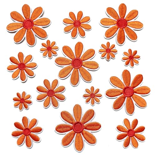 MISDONR 15Pcs Daisy Flower Iron On Patches 3 Sizes Orange, Cute Embroidery Applique Patches for Girls Clothes Hats Bags Jackets Jeans DIY Decoration