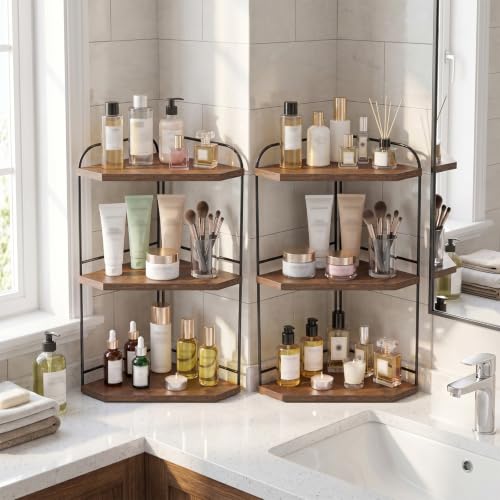 Image of Corner Bathroom Counter Organizer, 3-Tier Wood Countertop Organizer for Perfume, Makeup Storage, Skincare Organizers for Vanity, Counter Corner Shelf for Kitchen, Bathroom, Dresser (Brown, 2 Pack)