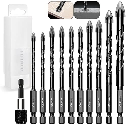 11PCS Masonry Drill Bit for Pots Bottles Ceramic Tile Glass Brick Concrete Drill Bit 3/16 to 1/2 inch Ceramic Drill Bits Set 1/4" Hex Shank Carbide Tips Concrete Drill Bit Set